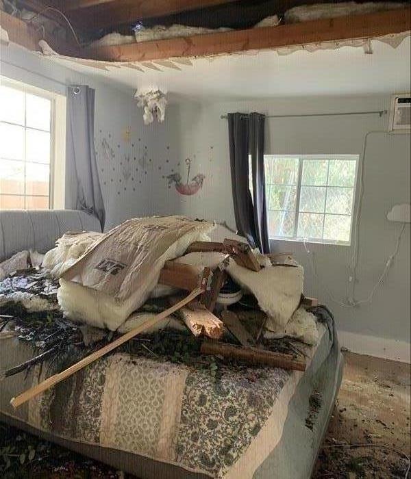 room with debris 